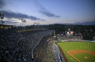 Crowded Dodger Stadium photographed during a game