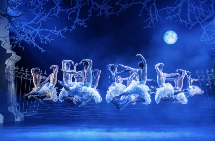 Scene from Matthew Bourne's Swan Lake with dancers in white swan costumes, moonlit backdrop, gate, and trees.