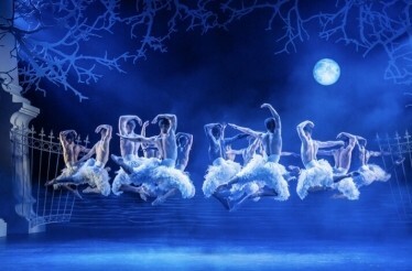 Scene from Matthew Bourne's Swan Lake with dancers in white swan costumes, moonlit backdrop, gate, and trees.