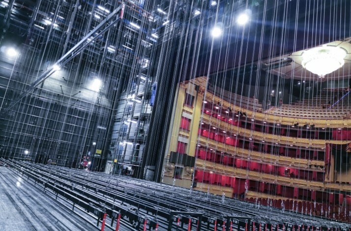 Backstage view of Teatro Real, showing stage rigging and auditorium seating.