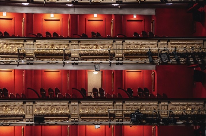 Close-up of Teatro Real’s ornate red and gold balcony seating.