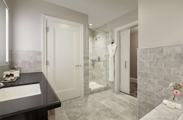Bathroom at one of the Fairmont San Francisco hotel rooms.