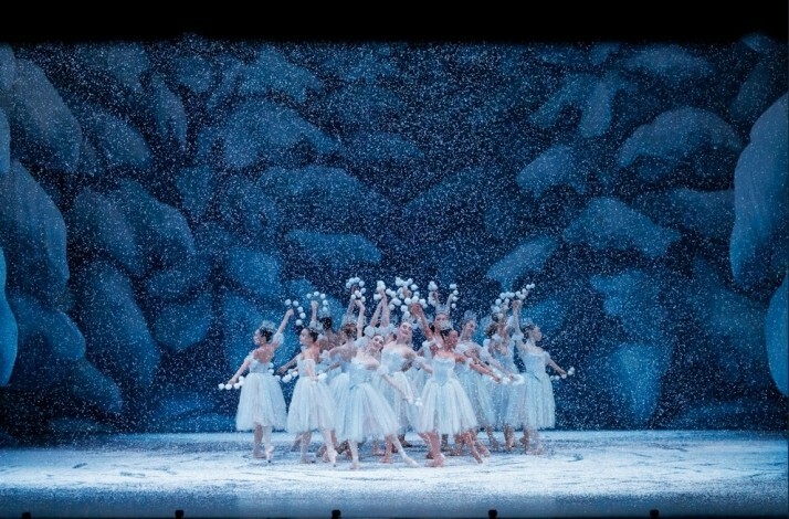 Scene from NYCB's The Nutcracker with Snowflake dancers on a snowy stage.