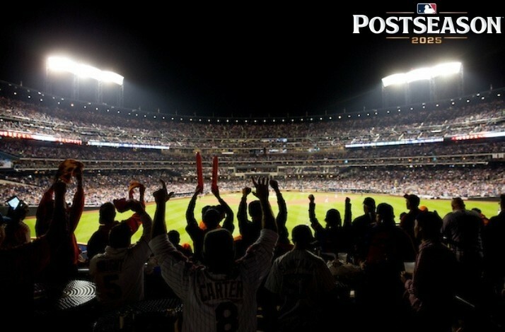 Promotional poster for Postseason 2025 MLB inside of a crowded stadium