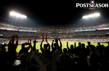 Promotional poster for Postseason 2025 MLB inside of a crowded stadium