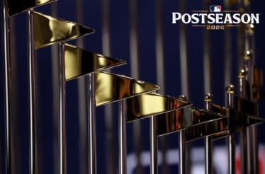 Gold-and-chrome MLB trophies displayed in a row, with 'Postseason 2026' text and MLB logo in upper-right corner.