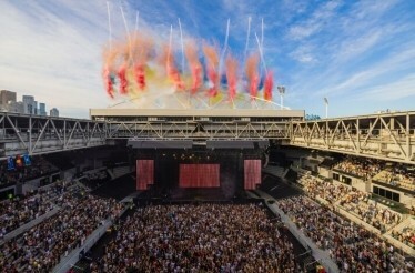 Panoramic view of a concert at John Cain Arena.