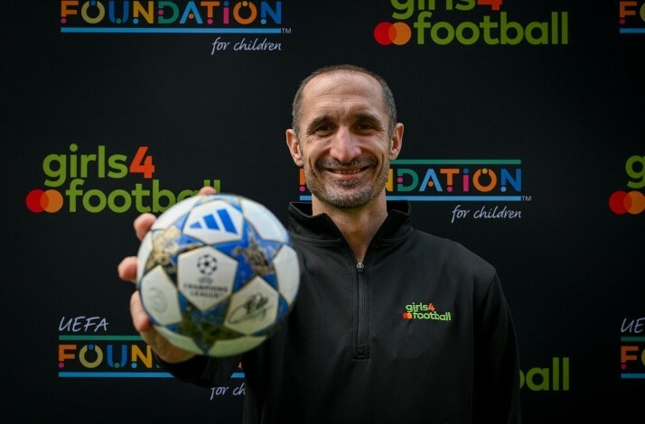 Giorgio Chiellini holding signed UEFA mini ball.