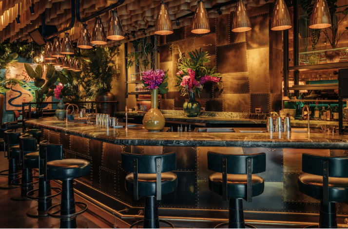The interior of Crying Tiger, featuring its luxurious drink bar.