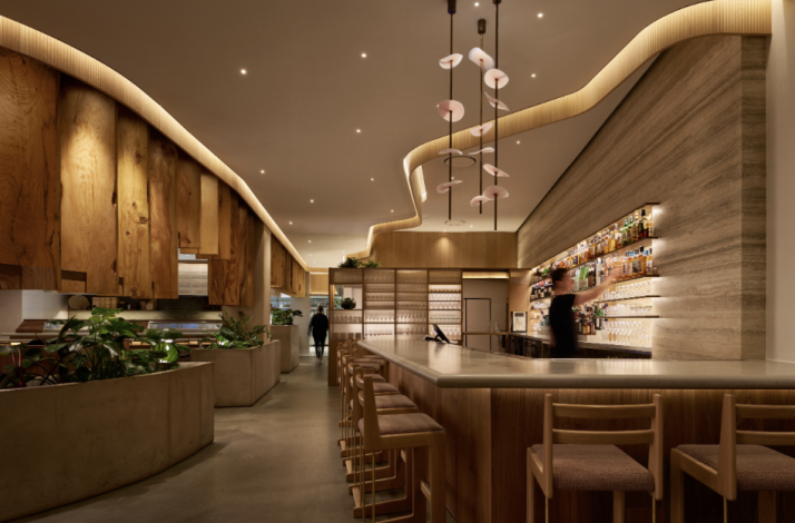 The bar sitting area of the venue Uchi West Hollywood.