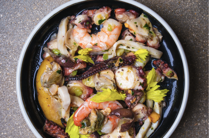 Fresh seafood salad with octopus and shrimp from Bar Bucce in Miami, Florida.