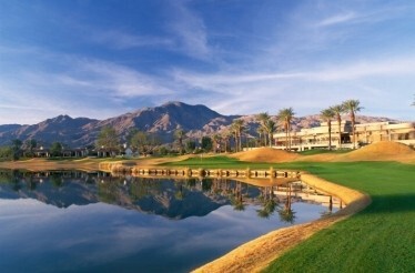 A view of the PGA West Nicklaus Tournament Course in La Quinta, California, featuring its signature water hazards and desert mountain backdrop.