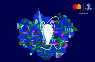 The creative image of UEFA Champions League 2024, displaying the UEFA cup on a blue sketch background.