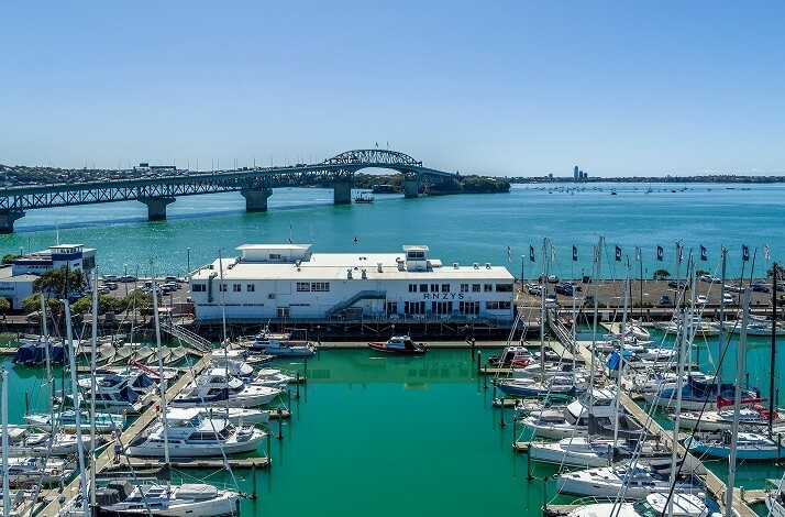 Aerial view on West Haven Marina and Auckland Harbor bridge in Auckland