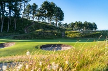 Royal Birkdale Golf Club green and bunkers with flag, surrounded by dunes and pine trees.