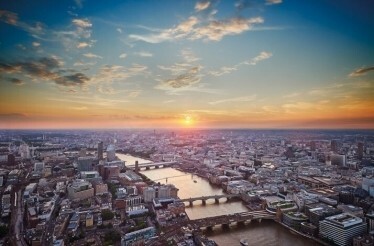Panoramic view of river Thames from 69th floor of The Shard at sunset.