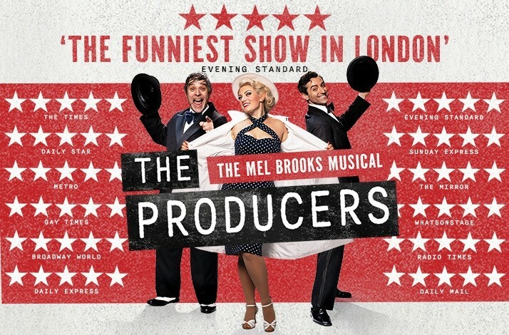 Three actors on the poster of the play 'The Producers' with five stars ratings displayed around the actors.