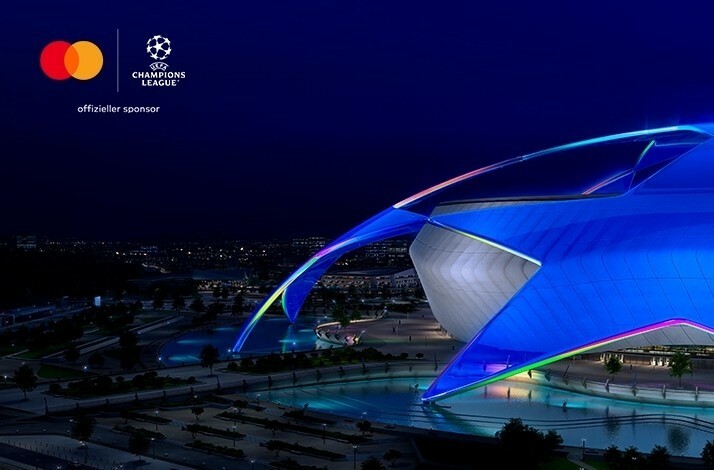 Bird’s-eye view at the football stadium. There is a joint logo of UEFA Champions League and Mastercard in the top left corner.