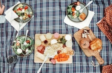 A view from above on a picnic set on a checkered blanket.