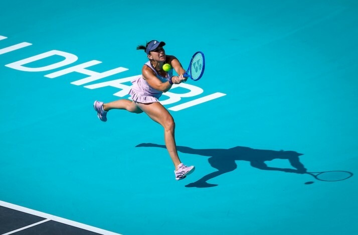 A professional Tennis player during a match in Mubadala Abu Dhabi Open.