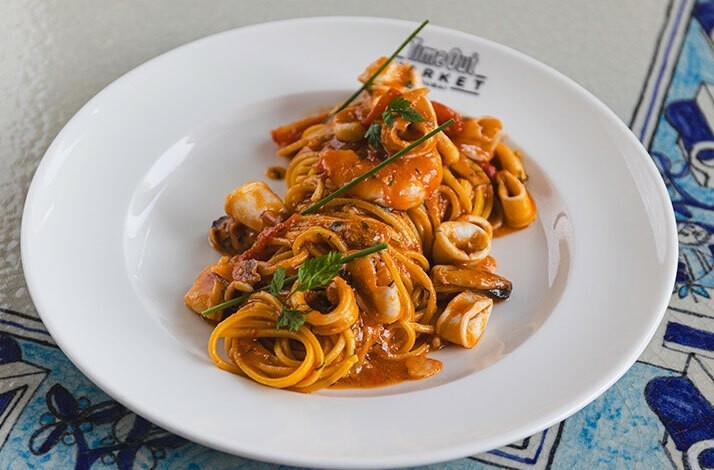 Spagetti with seafood served in Onda by Alici, one of  Dubai's most renowned restaurants