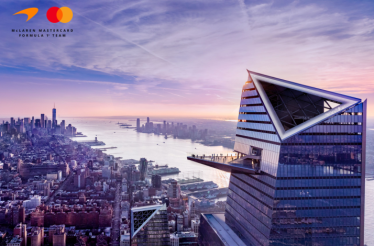 Aerial view of Hudson Yards and New York City at sunset.