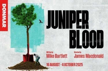 A poster for the play Juniper Blood, featuring a stylized image of a tree, a person digging, and the play's title.