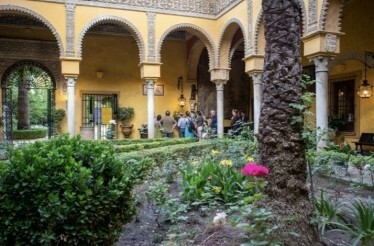 The yard of historical place Palacio de Las Dueñas with interesting exterior design