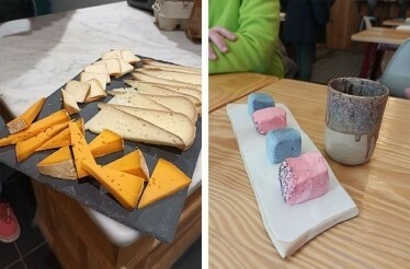 Collage consisting of two images. The close shot of cheese cut and served for the tasting. The close shot of blue and pink desserts served for the tastings.