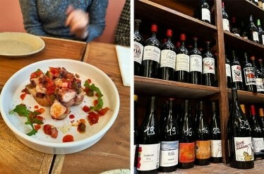 Dishes and wine selection available in the local bistro in Bordeaux, France