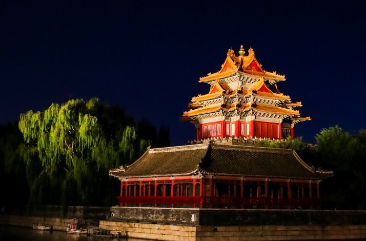 Northwest Tower of the Forbidden City at nighttime during the bicycle tour, Beijing China