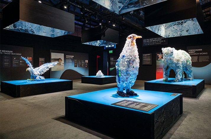 The animal sculptures crafted from discarded plastic bottles.