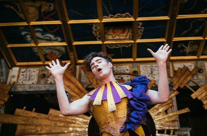 Jos Vantyler from The Twelfth Night performs on stage at the Globe Theatre.