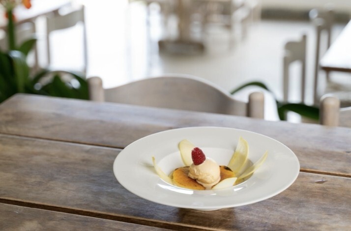 Elegantly plated dessert with ice cream and a raspberry served on a white plate at Cala Joncols restaurant.