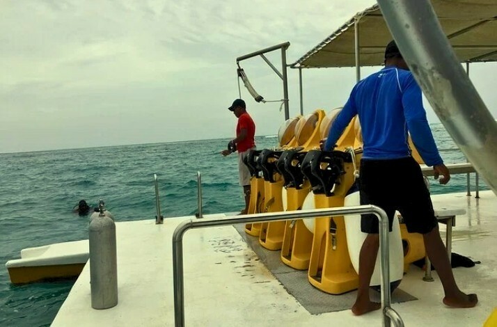 The board of the boat where the participants start their diving