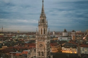 Close-up of the clock tower on the New Town Hall on the Marienplatz in Munich