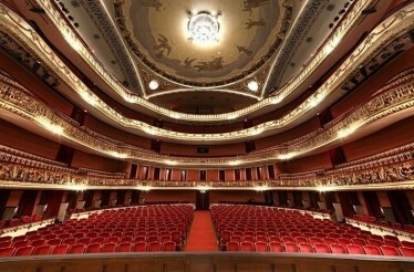 View from the stage to the seats for the audience of the majestic Theatro Municipal.