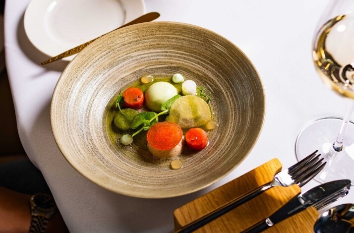 Overhead view of an artfully plated fine dining course by chef Arturo Dalhuisen, served in a handcrafted ceramic bowl.