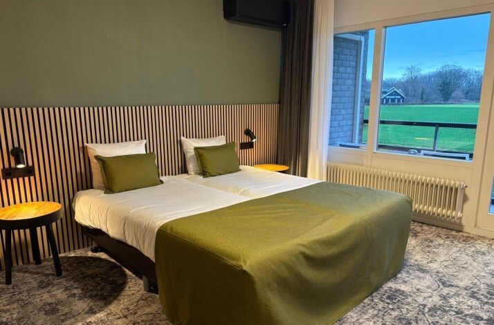 Modern hotel room with twin beds and estate view.