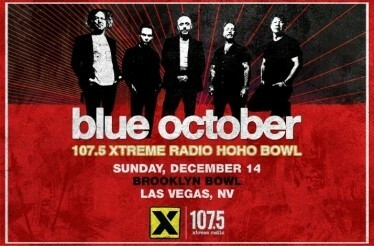 Promotional banner for Blue October, displaying the band members and event details.