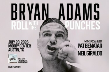 Promotional banner for Bryan Adams: Roll with the Punches w/ guests Pat Benatar & Neil Giraldo.