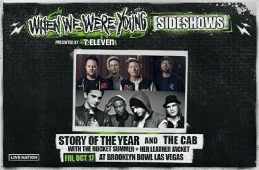 Promotional poster for When We Were Young Sideshows, featuring Story of the Year and The Cab.