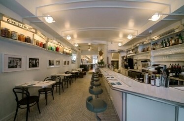 Interior of a bar zone at Russ & Daughters Cafe.