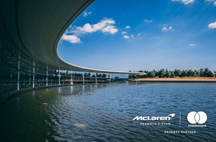 McLaren Technology Centre (MTC) and the lake. The image is featured with McLaren and Mastercard logos at the bottom right