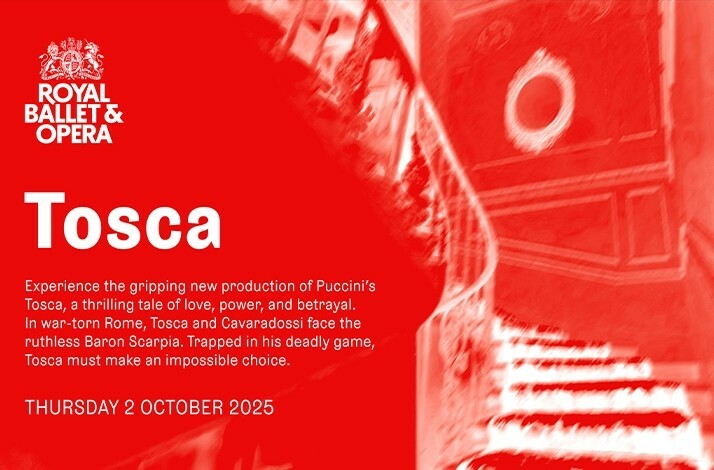 Promotional banner for Tosca by Puccini at Royal Ballet and Opera.