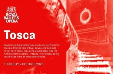 Promotional banner for Tosca by Puccini at Royal Ballet and Opera.