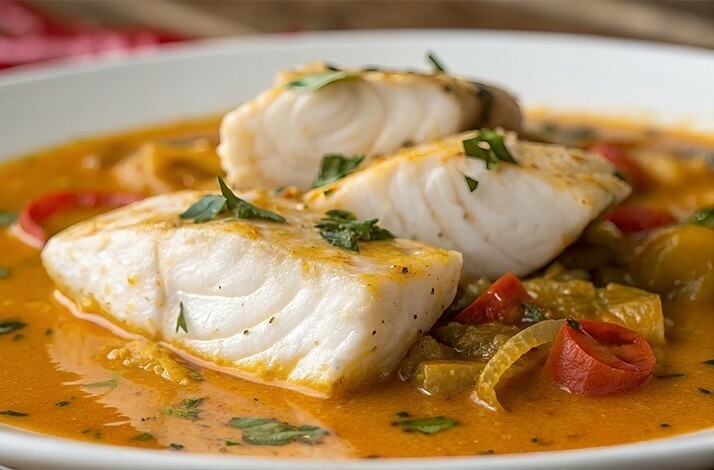 A dish of fish fillets is served in an orange broth with vegetables, garnished with herbs.