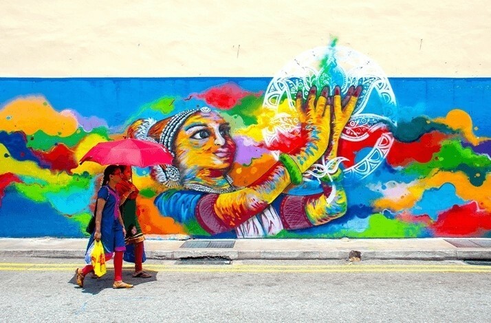 Colorful photo of street art taken in Little India, Singapore.