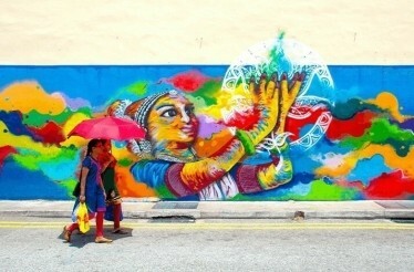 Colorful photo of street art taken in Little India, Singapore.