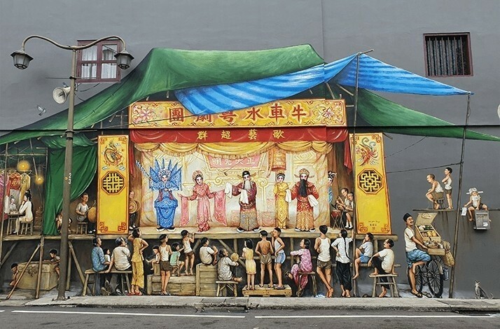 Photo of a traditional seating  on a large wall captured in Chinatown, Singapore.